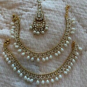 Gold Tone Rhinestone Pearl Drop Indian Traditional 2PC Anklets and Headpiece Set